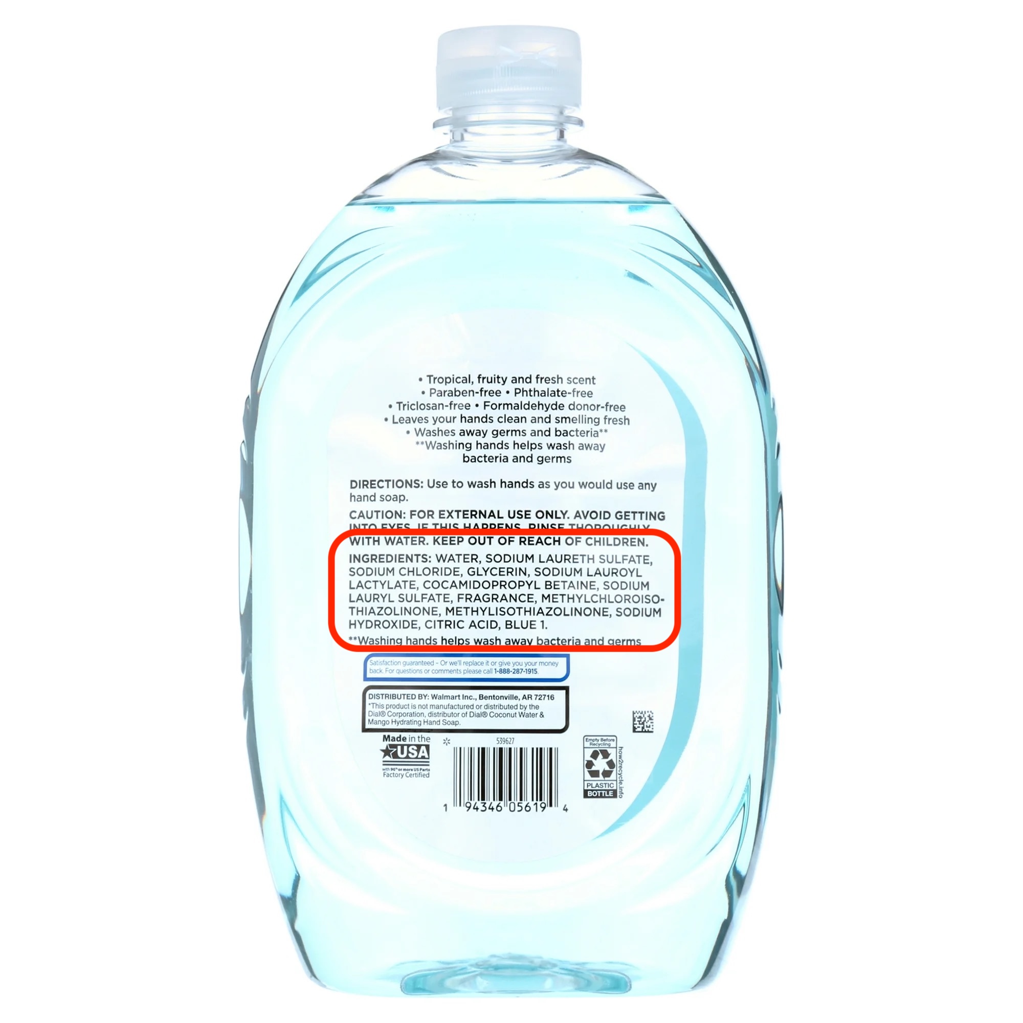 Hand soap with ingredient list